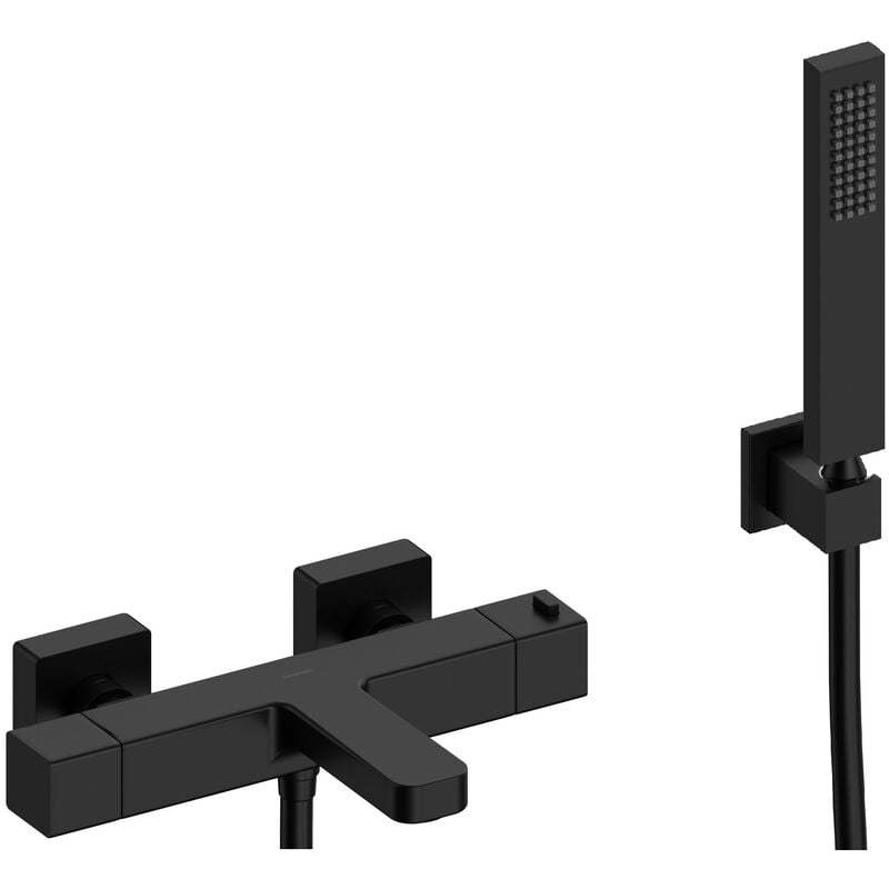 Bb cubo Wannen & Brausebatterie mit Thermostat und Brausehalter, Handbrause & Brauseschlauch, schwarz matt
