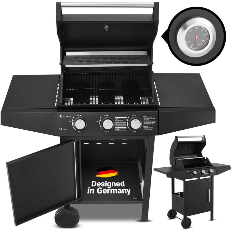 Bbq Gasgrill Louisiana 8,1 kW mit 3 Brenner, Grillrost, Deckel mit Thermometer, Warmhalterost & Seitenablagen – Grillwagen mit Stahl Korpus - Juskys