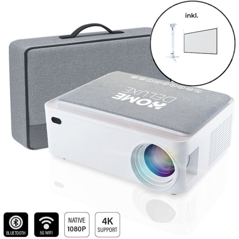 HOME DELUXE - Beamer LINO inkl. Leinwand und Beamerhalterung - Farbe: Weiß inkl. Stoffabdeckung, Lichtstärke: 400 ANSI Lumen, Full HD 4K, Android