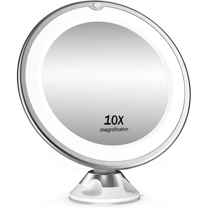 BEBUSINGOTO 10-fach vergrößernder Kosmetikspiegel, LED-Beleuchtung, 360° schwenkbar, Rasierspiegel mit Saugnapf, für Zuhause und unterwegs, Weiß