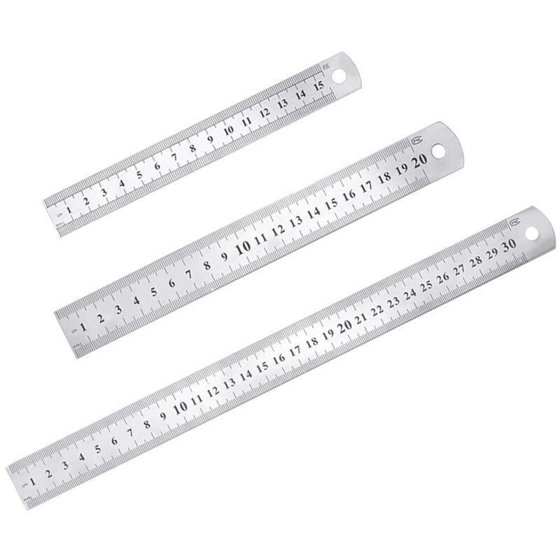 BEBUSINGOTO 3-teiliges Edelstahllineal, Präzisions-Lineal aus Metall, gerades Lineal-Set, 15 cm (6 Zoll), 20 cm (8 Zoll), 30 cm (12 Zoll), silbernes