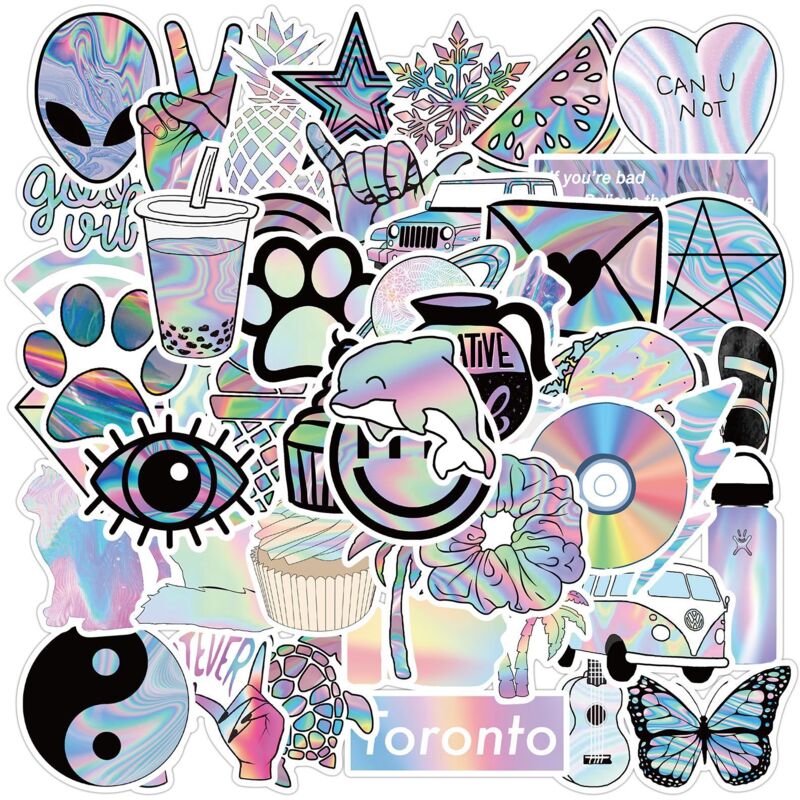 BEBUSINGOTO 50 Stück coole, wasserdichte Vinyl-Aufkleber, laserholografische Alien-Aufkleber für Motorrad, Auto, Laptop, Gepäckträger, Fahrrad,