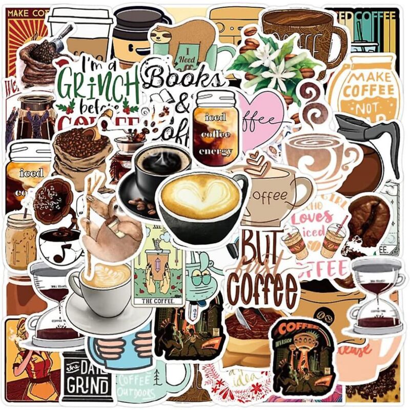 BEBUSINGOTO 50 Stück Kaffee-Aufkleber – wasserdichte Kaffee-Vinyl-Aufkleber für Wasserflaschen, Bücher, Laptops, Fahrräder, Gepäck, Tassen,