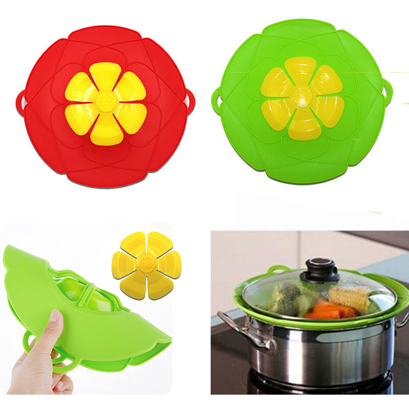 BEBUSINGOTO Auslaufsicherer Deckel, Silikonstopfen für Töpfe und Pfannen, Auslaufschutz, 25 cm multifunktionales Küchenutensil (grün und rot)