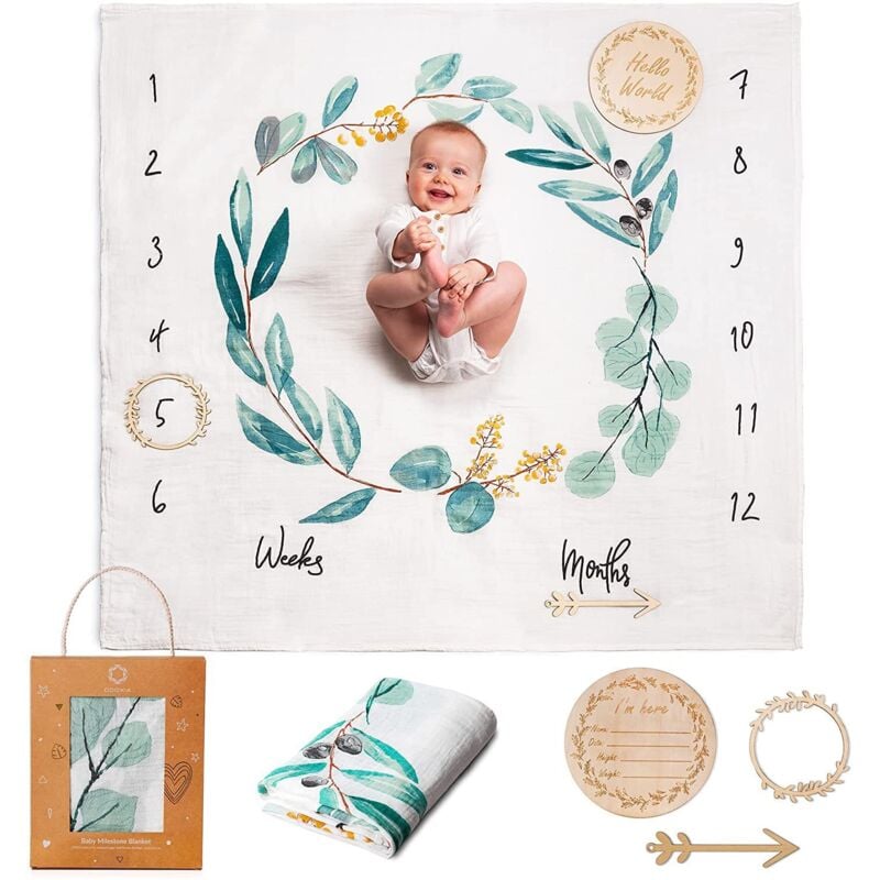 BEBUSINGOTO Baby-Meilensteindecke auf Französisch Baby-Wickeltücher aus Baumwolle Baby-Monatsdecke für Jungen oder Mädchen, Unisex Blattmotiv