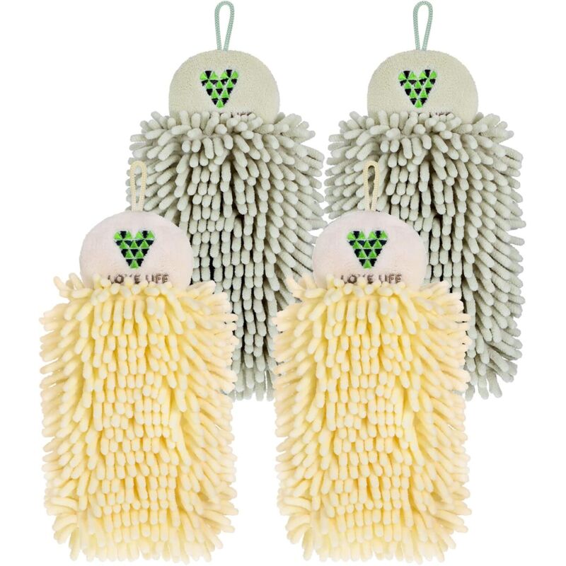 BEBUSINGOTO Chenille-Handtücher zum Aufhängen mit Flauschbällen, Chenille-Badezimmerhandtücher, Flauschball-Handtücher, Beige und Hellgrün, 4er-Pack