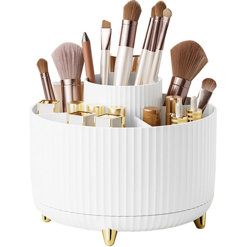 BEBUSINGOTO Rotierender Make-up-Organizer, 360° drehbar, Aufbewahrungsbehälter für Stifte, Make-up-Pinsel, 5 Fächer, Make-up-Pinsel-Organizer – Weiß