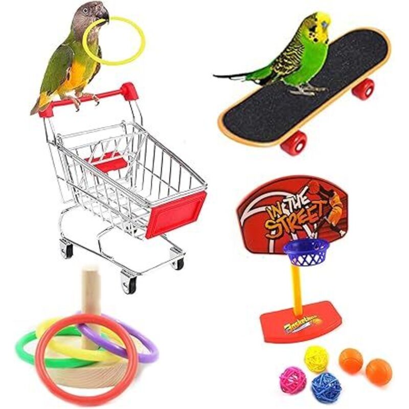 BEBUSINGOTO Vierteiliges Vogel-Lernspielzeug, Papageienspielzeug, Papageien-Skateboard, Trolley, Ballring, pädagogisches Trainingsspielzeug,