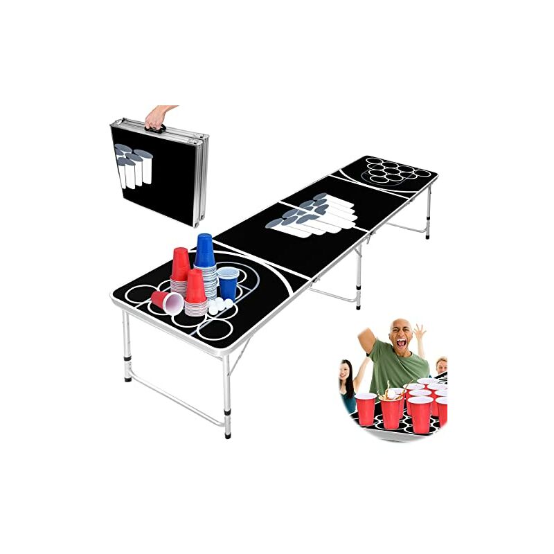 Beer Pong Tisch Set,Inkl.1 Beer Pong Tisch + 100Bierpong Becher(50 Rot & 50 Blau)+ 5 Ping-Pong-Bälle,Stabiler Klapptisch aus Alu Tragfähigkeit:60KG