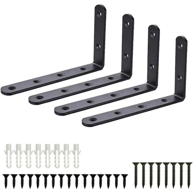 Befestigungswinkel, 4 Stück Winkelwinkel, Wandhalterung aus Edelstahl für Garagenregale, schwarze L-förmige Wandhalterung, industrielle