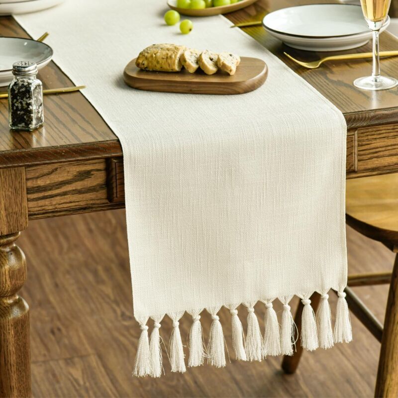 Beige Landhausstil Quasten Tischläufer, Waschbar Küche Tisch Dekoration Party Geburtstag Hochzeit Dekor 33x183 cm