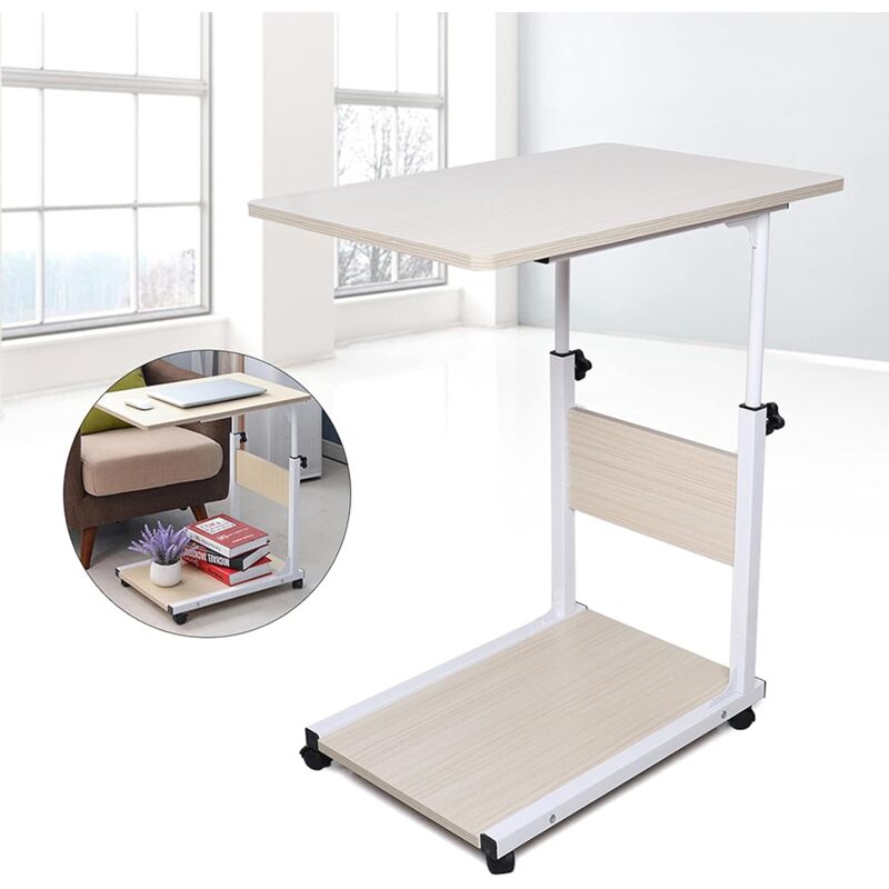 Beistelltisch, höhenverstellbarer Sofatisch, Kaffeetisch, mobiler Betttisch tragbarer Tisch mit Rollen Tisch, für Computer (weißer Ahorn)