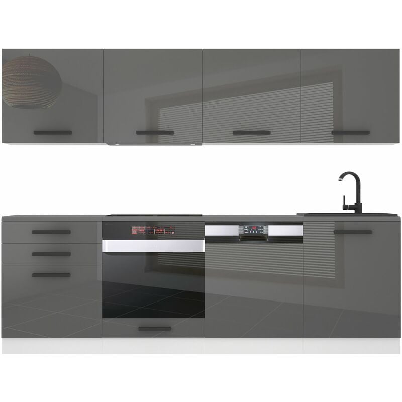 Küchenzeile Küchenblock Alice - Küchenmöbel 240 cm Einbauküche Vollausstattung ohne Elektrogeräten mit Hängeschränke und Unterschränke, mit