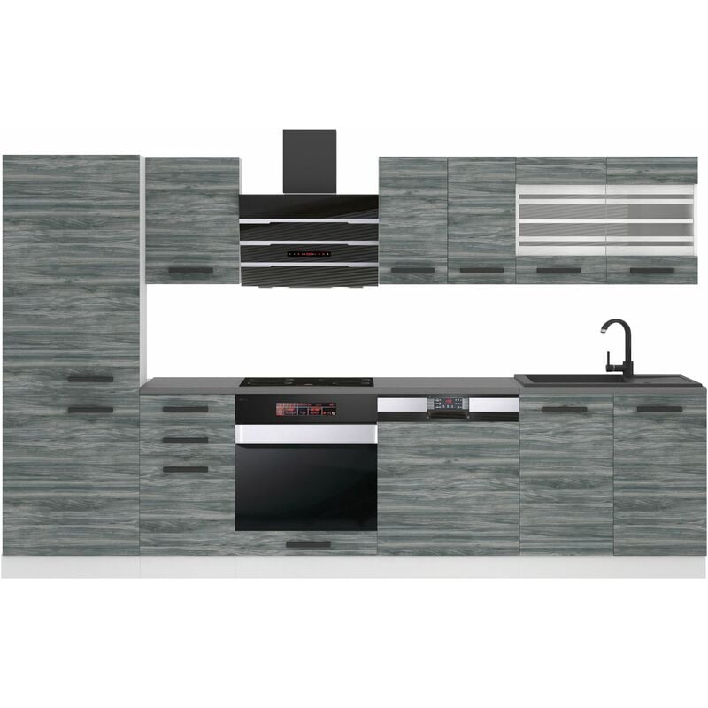 Belini Küchenzeile Küchenblock Cindy - Küchenmöbel 300 cm Einbauküche Vollausstattung ohne Elektrogeräten mit Hängeschränke und Unterschränke, ohne