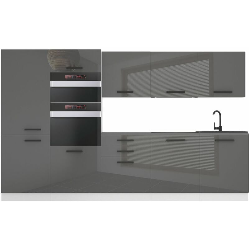 Küchenzeile Küchenblock Grace - Küchenmöbel 300 cm Einbauküche Vollausstattung ohne Elektrogeräten mit Hängeschränke und Unterschränke, mit