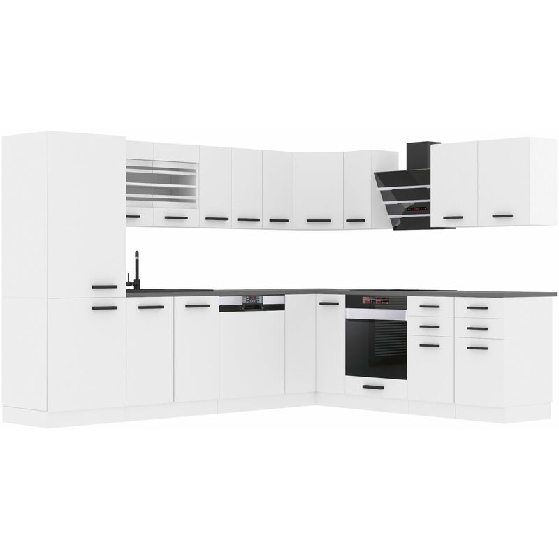 Küchenzeile Küchenblock Küche L-Form Julie Küchenmöbel mit Griffe, Einbauküche ohne Elektrogeräten mit Hängeschränke und Unterschränke, ohne