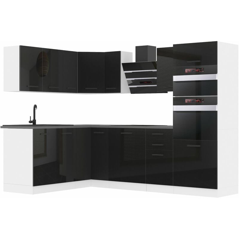 Küchenzeile Küchenblock Küche L-Form Melanie Küchenmöbel mit Griffe, Einbauküche ohne Elektrogeräten mit Hängeschränke und Unterschränke, ohne