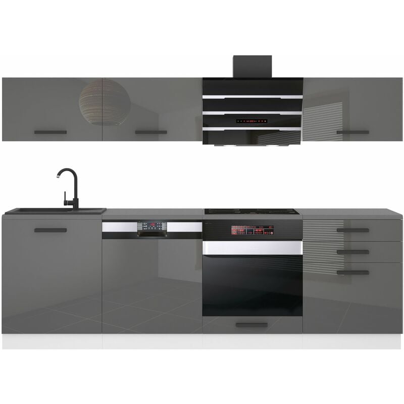 Küchenzeile Küchenblock Linda - Küchenmöbel 240 cm Einbauküche Vollausstattung ohne Elektrogeräten mit Hängeschränke und Unterschränke, mit