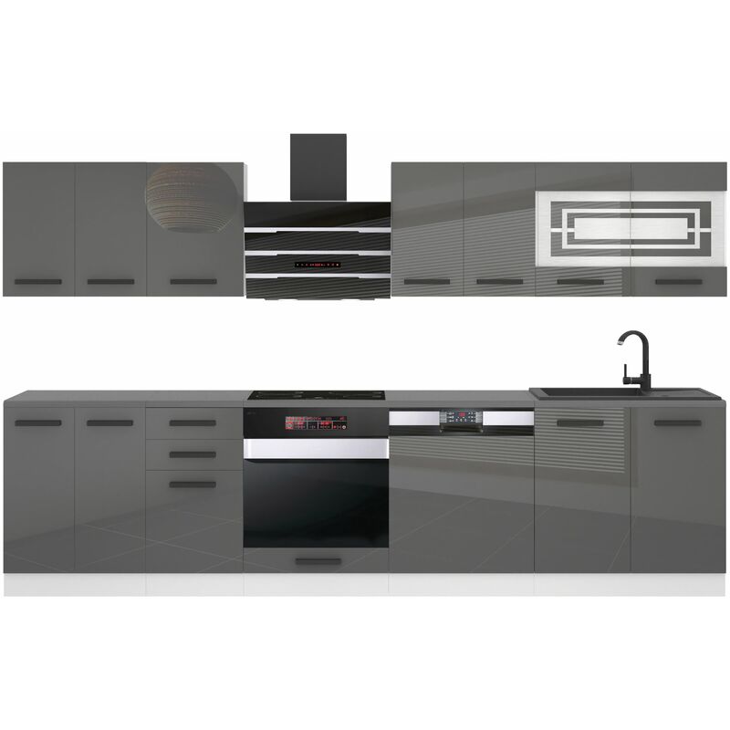 Küchenzeile Küchenblock Lucy - Küchen-Möbel 300 cm Küche komplett ohne Elektrogeräten mit Hängeschränke und Unterschränke Ohne Arbeitsplatten Silber