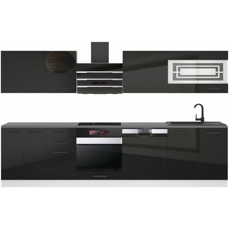 Küchenzeile Küchenblock Lucy - Küchen-Möbel 300 cm Küche komplett ohne Elektrogeräten mit Hängeschränke und Unterschränke Ohne Arbeitsplatten Schwarz