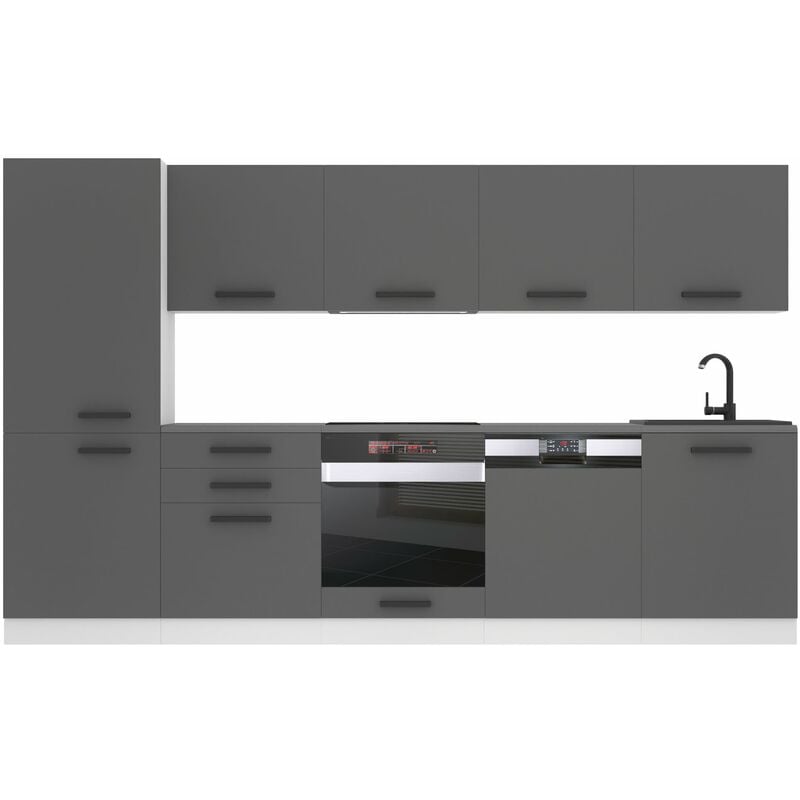 Belini Küchenzeile Küchenblock Rose - Küchenmöbel 300 cm Einbauküche Vollausstattung ohne Elektrogeräten mit Hängeschränke und Unterschränke, mit