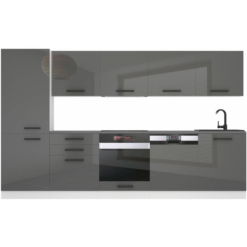 Küchenzeile Küchenblock Rose - Küchenmöbel 300 cm Einbauküche Vollausstattung ohne Elektrogeräten mit Hängeschränke und Unterschränke, ohne