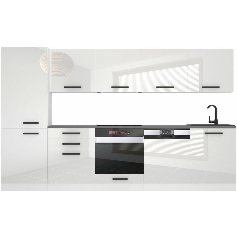 Küchenzeile Küchenblock Rose - Küchenmöbel 300 cm Einbauküche Vollausstattung ohne Elektrogeräten mit Hängeschränke und Unterschränke, ohne