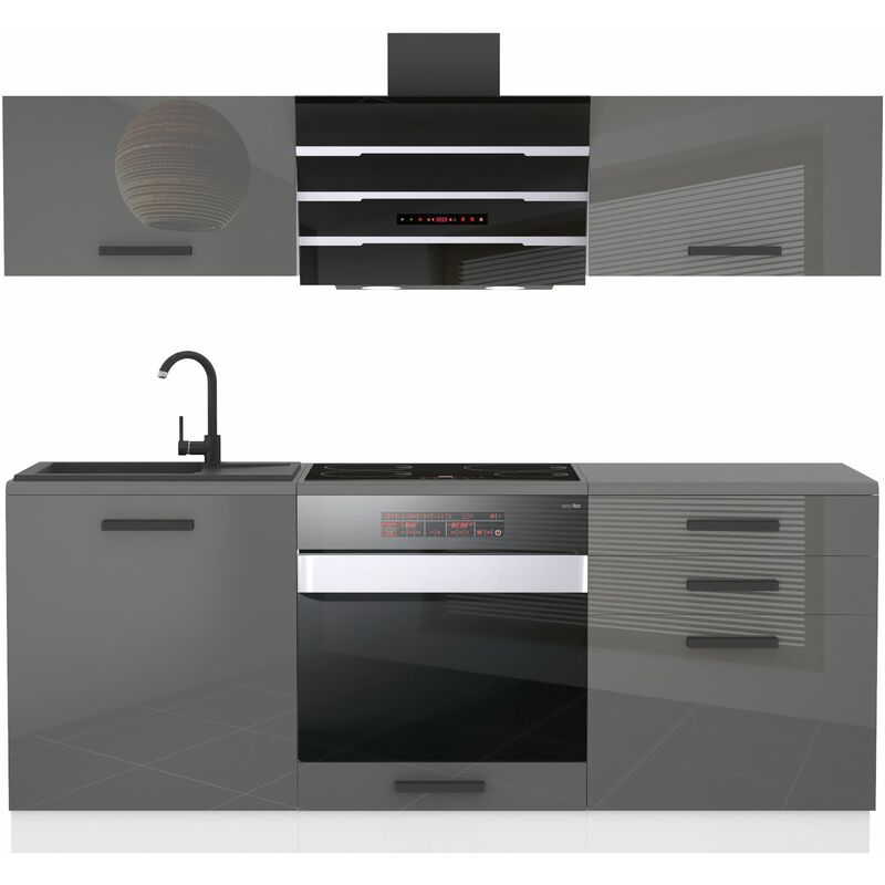 Küchenzeile Küchenblock Sophia - Küchenmöbel 180 cm Einbauküche ohne Elektrogeräten mit Hängeschränke und Unterschränke, mit Arbeitsplatten, Silber