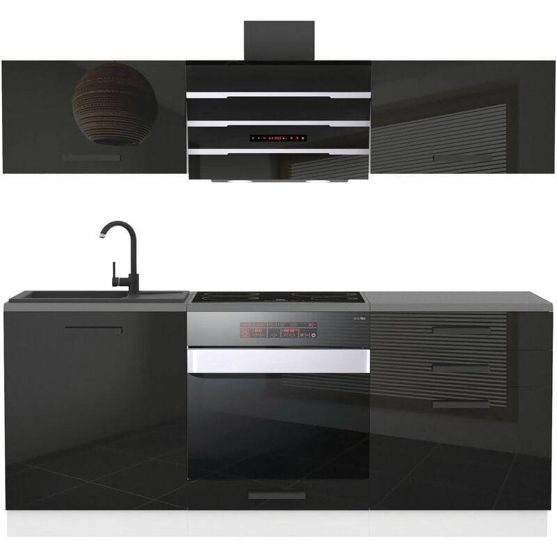 Küchenzeile Küchenblock Sophia - Küchenmöbel 180 cm Einbauküche ohne Elektrogeräten mit Hängeschränke und Unterschränke, ohne Arbeitsplatten, Schwarz