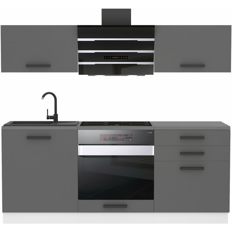 Küchenzeile Küchenblock Sophia - Küchenmöbel 180 cm Einbauküche ohne Elektrogeräten mit Hängeschränke und Unterschränke, ohne Arbeitsplatten, Silber