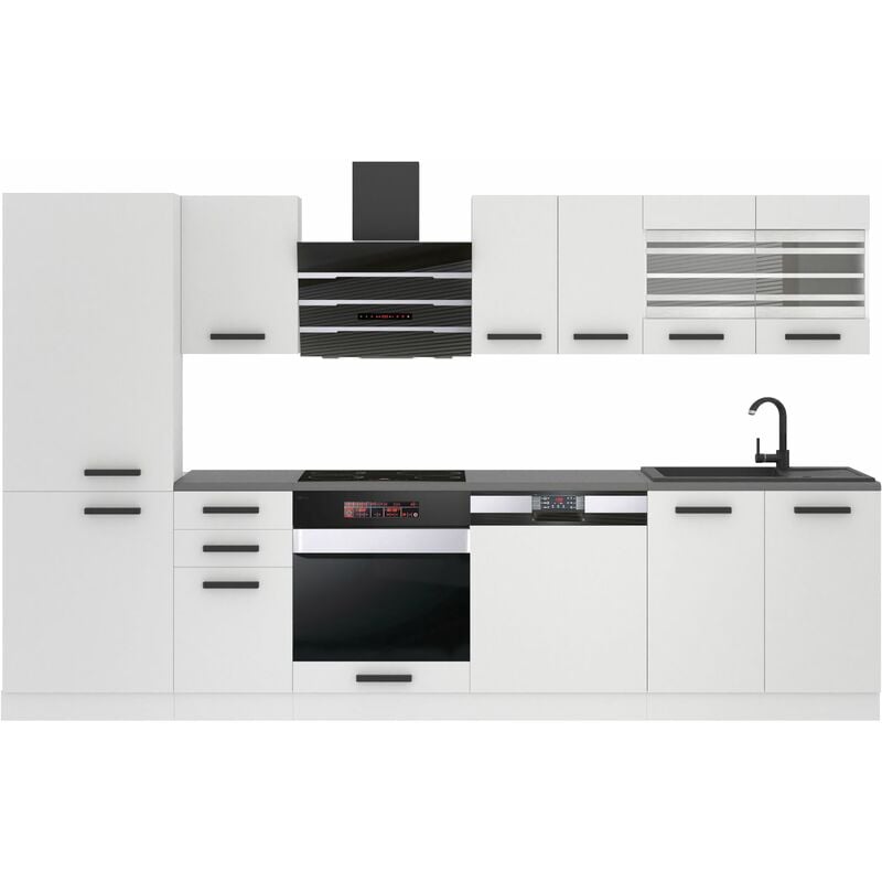 Küchenzeile Küchenblock Cindy - Küchenmöbel 300 cm Einbauküche Vollausstattung ohne Elektrogeräten mit Hängeschränke und Unterschränke, mit