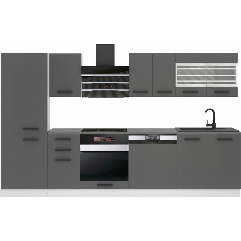 Küchenzeile Küchenblock Cindy - Küchenmöbel 300 cm Einbauküche Vollausstattung ohne Elektrogeräten mit Hängeschränke und Unterschränke, mit