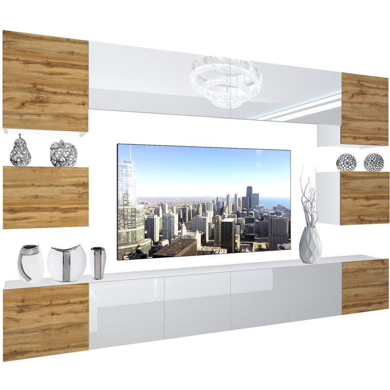 Wohnwand Vollausstattung Wohnzimmer-Set Moderne Schrankwand mit LED-Beleuchtung Anbauwand TV-Schrank Eiche Wotan/Weiß - Belini