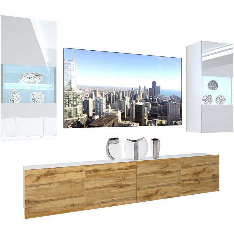 Wohnwand Vollausstattung Wohnzimmer-Set Moderne Schrankwand mit LED-Beleuchtung Anbauwand TV-Schrank Weiß/Wotan - Belini