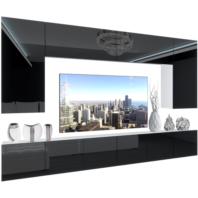 Wohnwand Vollausstattung Wohnzimmer-Set Moderne Schrankwand mit LED-Beleuchtung Anbauwand TV-Schrank Schwarz - Belini