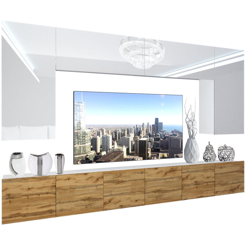 BELINI Wohnwand Vollausstattung Wohnzimmer-Set Moderne Schrankwand mit LED-Beleuchtung Anbauwand TV-Schrank Weiß Top/Eiche Wotan