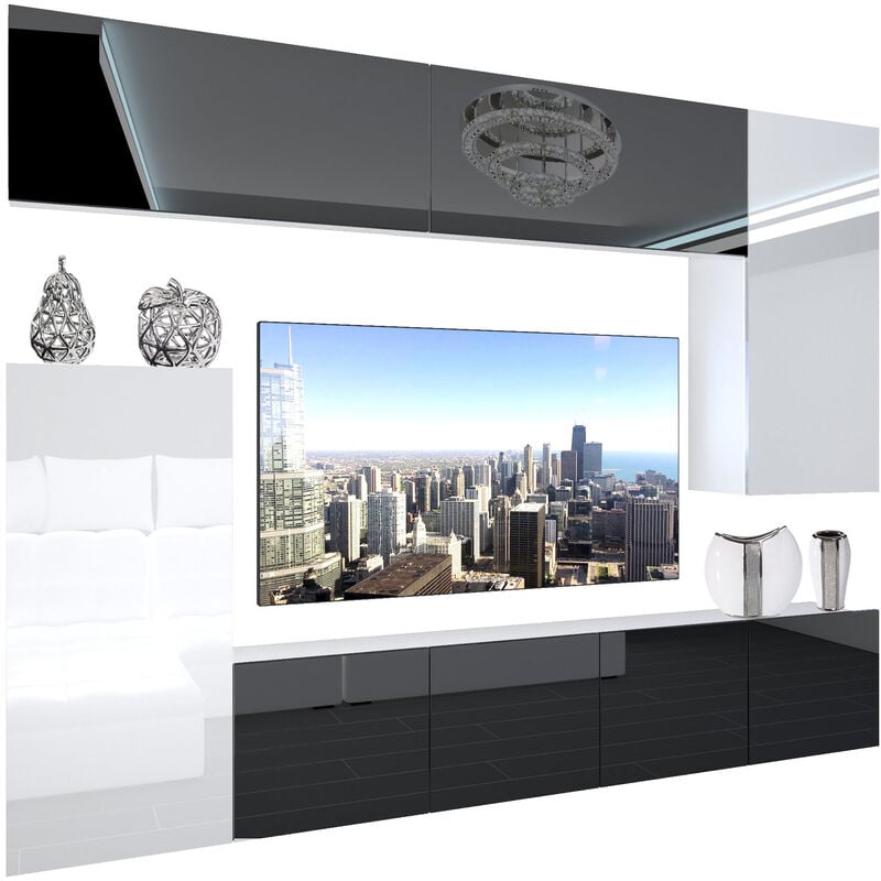 Wohnwand Wohnzimmer-Set Moderne Vollausstattung Schrankwand mit LED-Beleuchtung Anbauwand TV-Schrank Schwarz/Weiß - Belini