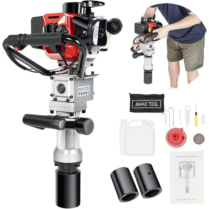 Benzin Pfahlramme 2 Takt Motor Erdbohrer Benzin 900W 32.6cc Zaunbau Pfostenramme Hand-Zug-Start Fahlramme Benzin Erdlochbohrer mit 55-70mm Hülsen