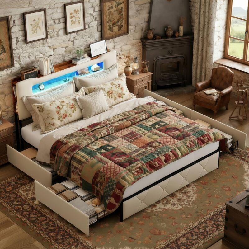 Bett 160x200, Bett mit Schublade 160x200, Kopfteil mit einstellbarer LED-Beleuchtung und USB-Anschluss, weiche Rückenlehne, Samt, Lattenrost, Bett