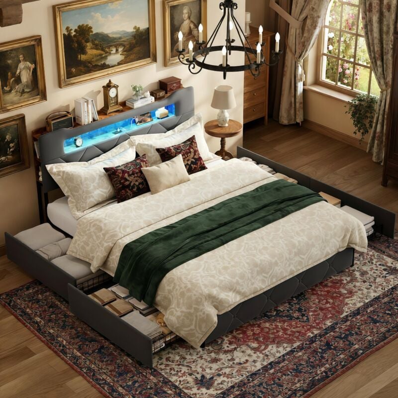 Bett 160x200, Bett mit Schublade 160x20, Kopfteil mit einstellbarer LED-Beleuchtung und USB-Anschluss, weiche Rückenlehne, Samt, Lattenrost, Bett mit