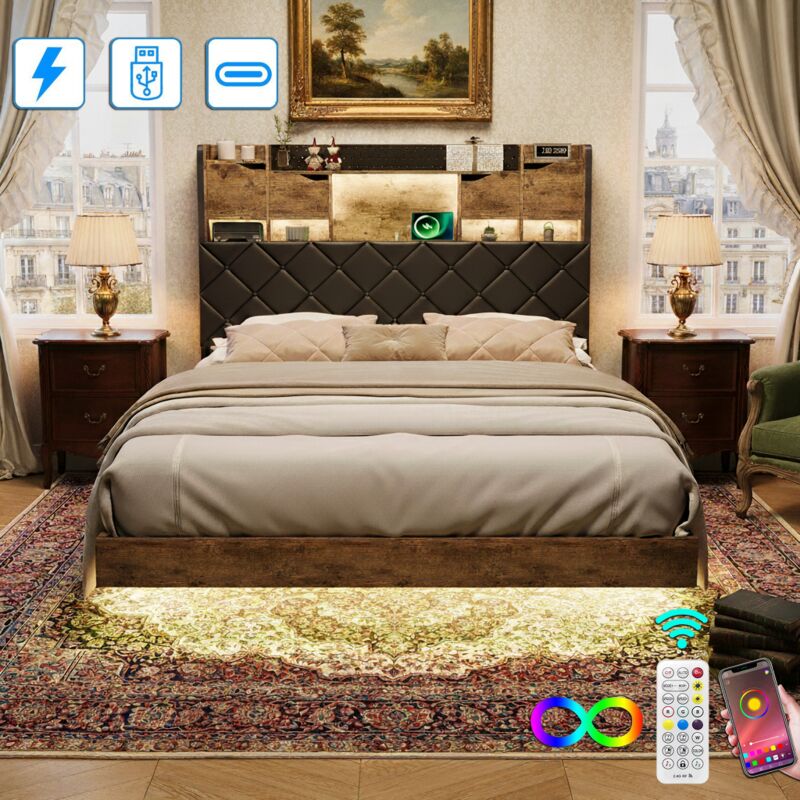 Bett 160x200 cm aus Massivholz, schwebendes Bett mit Kopfteil und verstecktem Stauraum, LED-Beleuchtung, Lattenrost, Metallrahmen – Natur