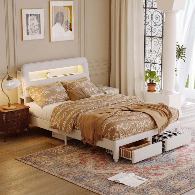 Bett 160x200 cm mit zwei Schubladen, Bett 160x200, integrierte LED-Beleuchtung, Lattenrost, Samtbezug, Design-Stil, Weiß