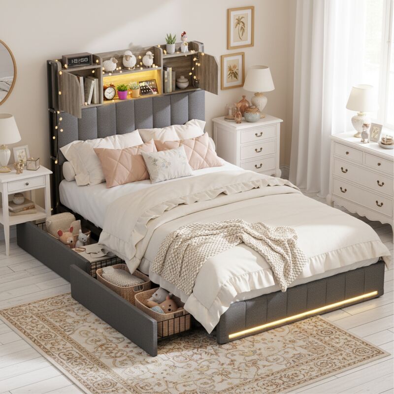 Bett 90x200 cm mit Schubladen, gepolstertes Bett mit integrierter RGB-LED-Beleuchtung und USB-C-Anschluss – Kopfteil mit Stauraum, Lattenrost –