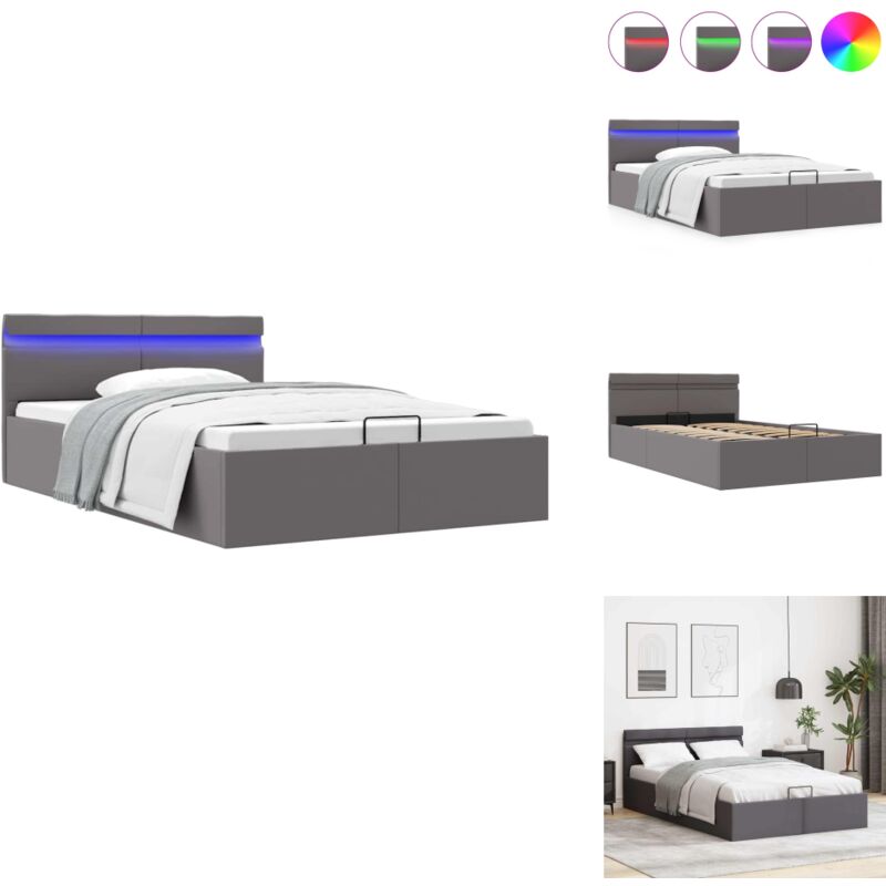 Bett mit Bettkasten Hydraulisch led Grau Kunstleder 120x200 cm - Doppelbett - Stauraumbett - Kunstlederbett - LED-Bett - Boxspringbett