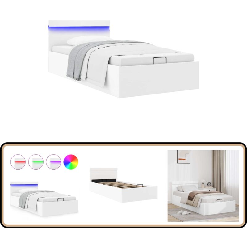 Bett mit Bettkasten Hydraulisch led Weiß Kunstleder 100x200 cm - Hydraulisches Bettgestell - Stauraumbett - Lederbett - Singlebett - Weißes Bett