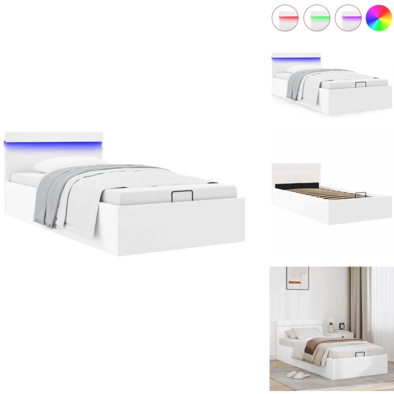 Bett mit Bettkasten Hydraulisch led Weiß Kunstleder 90x200cm - Einzelbett - Stauraumbett - Hydraulisches Bettgestell - Kunstlederbett - LED-Bett