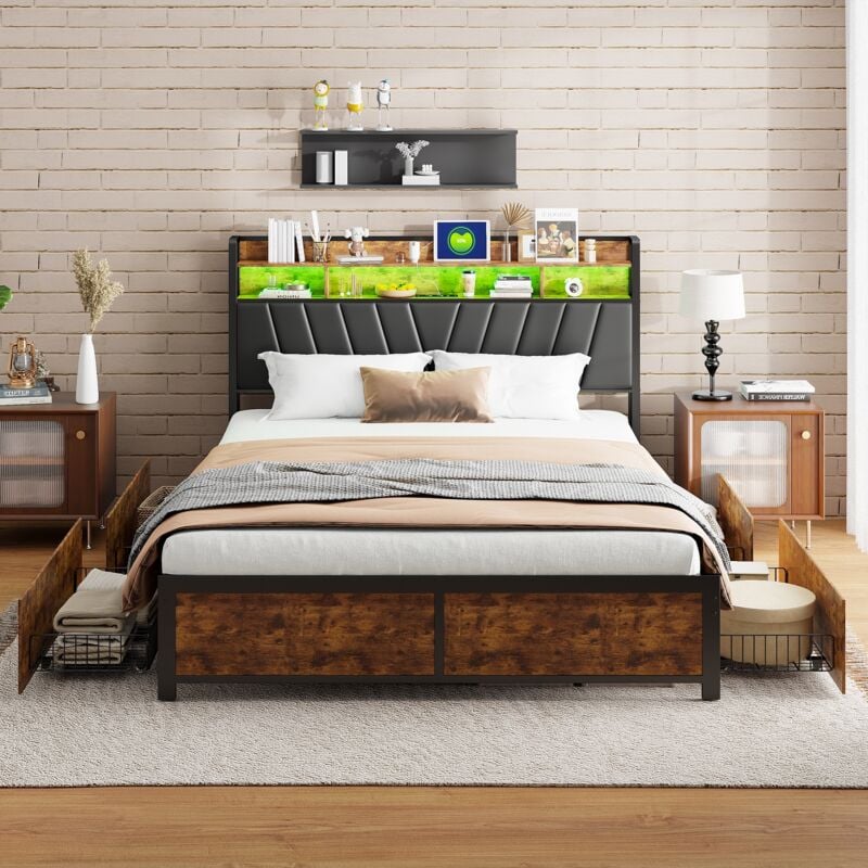 Bett 180x200 cm – mit 4 Schubladen, Kopfteil mit LED-Beleuchtung und USB-Ladeanschluss, Metallgestell, Bett für Erwachsene im Industriestil,