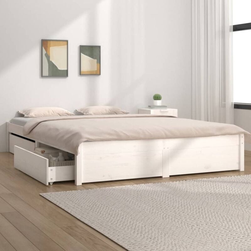 Bett mit Schubladen Doppelbett Bett für Schlafzimmer Weiß 200x200 cm DE31773
