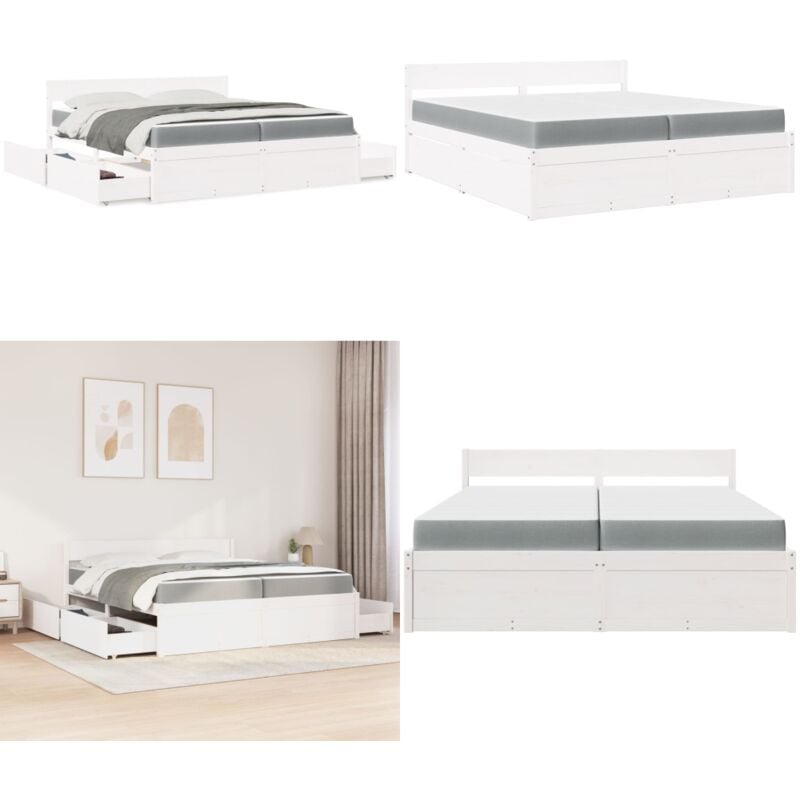 Bett mit Schubladen und Matratze Weiß 200x200 cm Massivholz - Schlafzimmermöbel - Holzbetten - Doppelbett - Boxspringbett - Kiefernholzbett - Home &