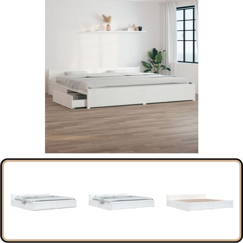 Bett mit Schubladen Weiß 200x200 cm - Holzbett - Doppelbett - Bettgestell - Weißes Bett - Boxspringbetten
